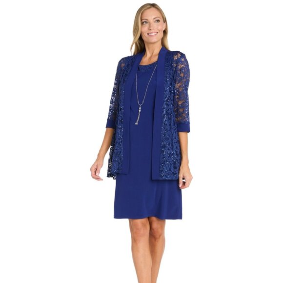 R & M Richards 2-Piece Sequined Lace Jacket Dress Set – Twilight Blue NWT 16 - Picture 1 of 5